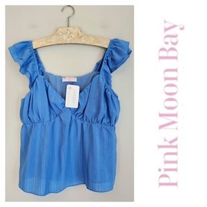 Pink Moon Bay Babydoll Top Blouse Size Large Periwinkle Blue NEW NWT